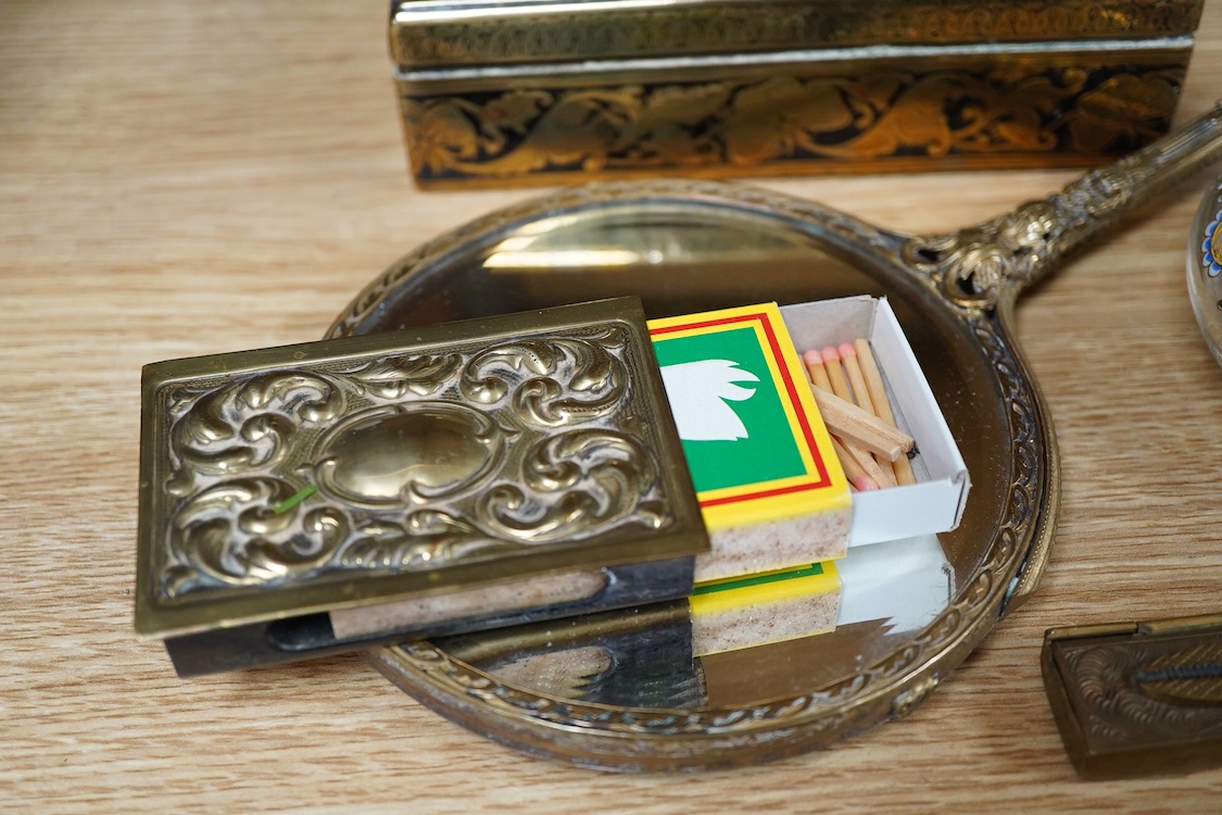 A group of brass and other metalware including an easel, various boxes, mirror etc.(9).